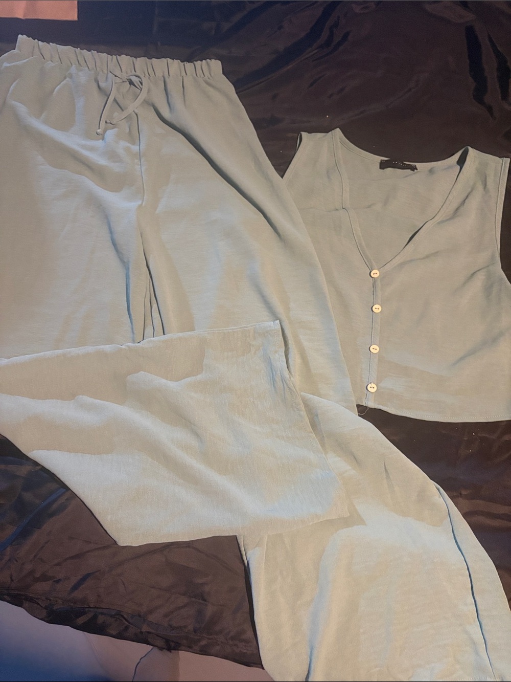 Light Green Two-Piece Button Crop Top & Wide Leg Pants Set